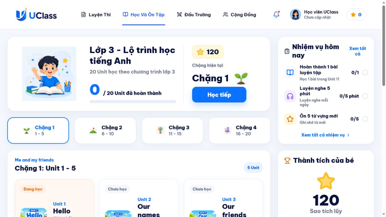 Hướng dẫn đăng nhập, học 6 phần và làm bài kiểm tra Unit Lớp 3