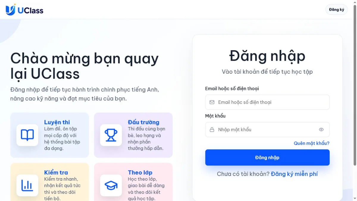 Màn hình đăng nhập UClass bằng email hoặc số điện thoại